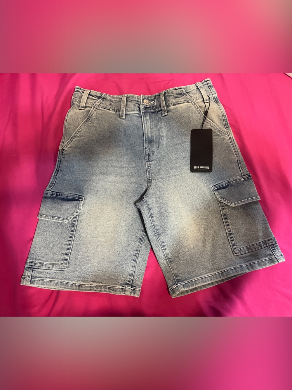 True Religion Light Wash Denim Cargo Shorts